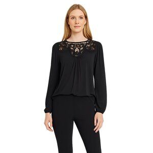 NWT White House Black Market Long Sleeve Lace Insert Top Black L #WHBM13